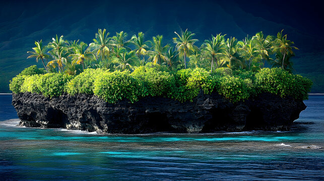 A tropical island with palm trees and lush green vegetation sits on a dark rocky outcrop surrounded by crystal clear tur