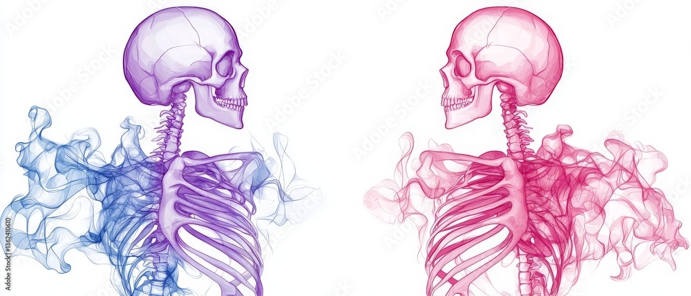 Poster neon twin skeletons in transparent magenta and cyan hues back to back floating on white background s