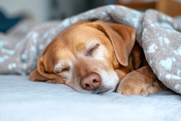 A sweet dog sleeping soundly under a soft blanket, evoking feelings of comfort and security, illuminating the serene nature of a beloved pet in a cozy setting.