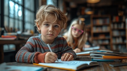 Curious Young Boy with Blonde Hair Writing in Classroom for Education, Back to School Campaigns, and Children’s Day Concepts in Warm Indoor Lighting and Academic Atmosphere