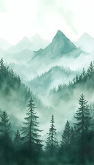 Fototapeta premium Serene watercolor landscape featuring misty mountains and lush evergreen trees in soothing green tones -