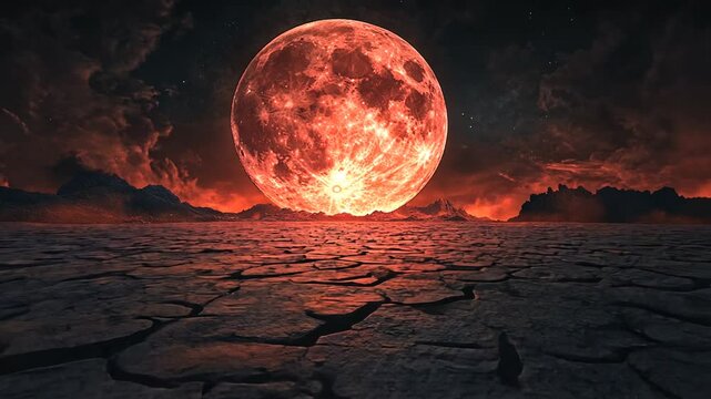 Blood moon rises over arid landscape, evoking a sense of foreboding