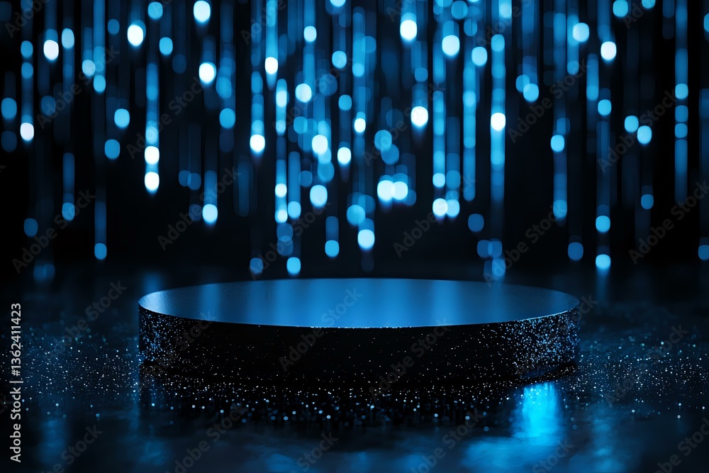 Aufkleber empty round podium with blue glowing lights falling from above, creating magical atmosphere on dark 