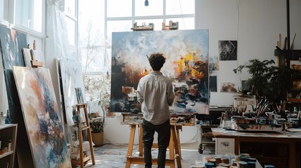 A robot artist creating a beautiful painting in a modern art studio