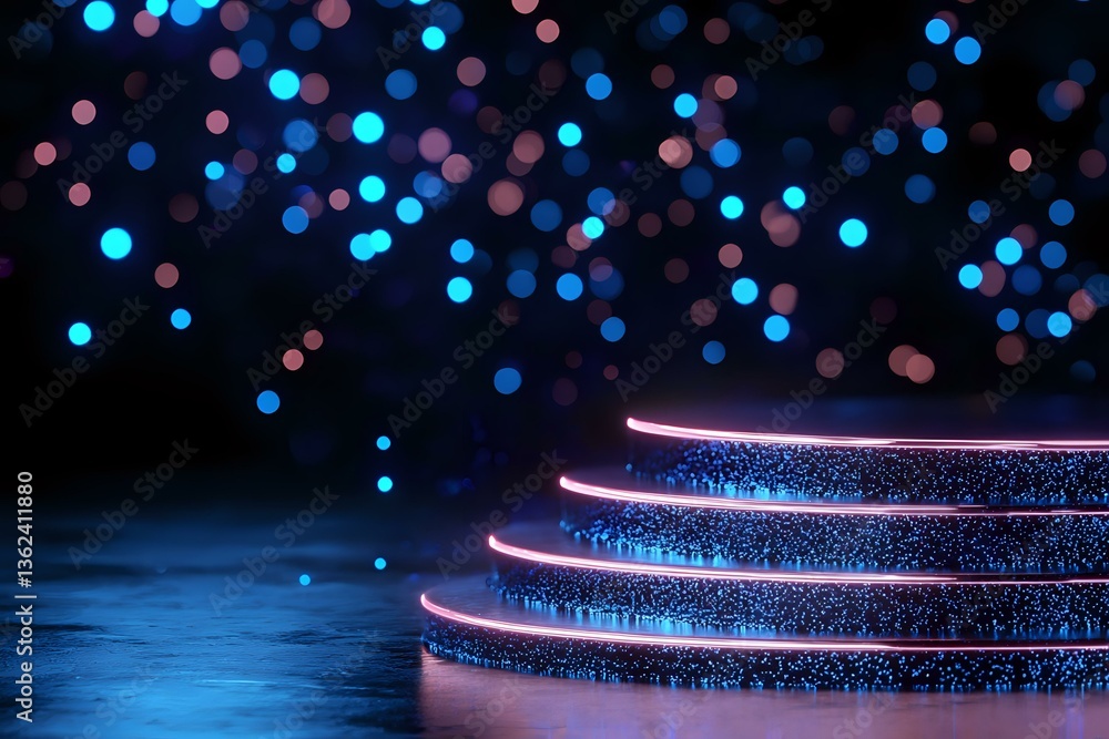 Poster glowing neon pink and blue circular platform with illuminated edges against dark background with def