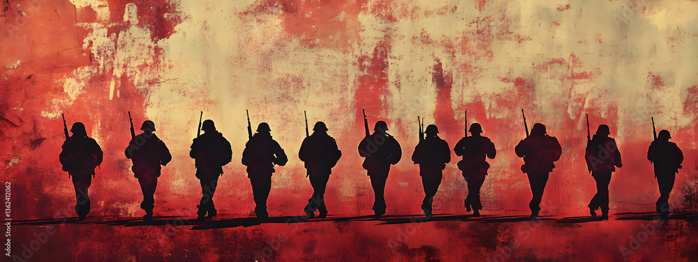 Poster silhouettes of marching soldiers against a dynamic red abstract background in a vintage style -