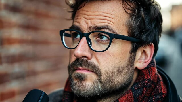 Man in glasses speaks in front of brick wall with microphones during outdoor interview in city