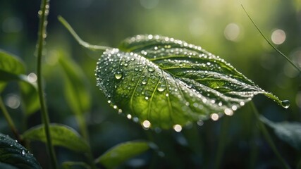 A close-up of a leaf adorned with dew drops, capturing the beauty of nature.