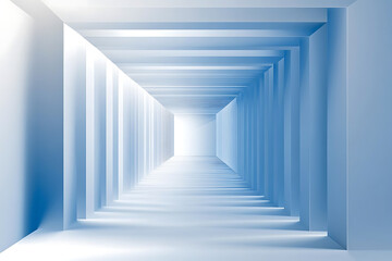 Obraz premium Minimal futuristic tunnel in soft blue hues with vanishing point perspective. Clean, abstract architecture design perfect for tech, innovation, digital concepts, and modern presentation backgrounds.