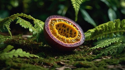 A cut passion fruit resting on lush greenery, showcasing its vibrant interior and seeds.