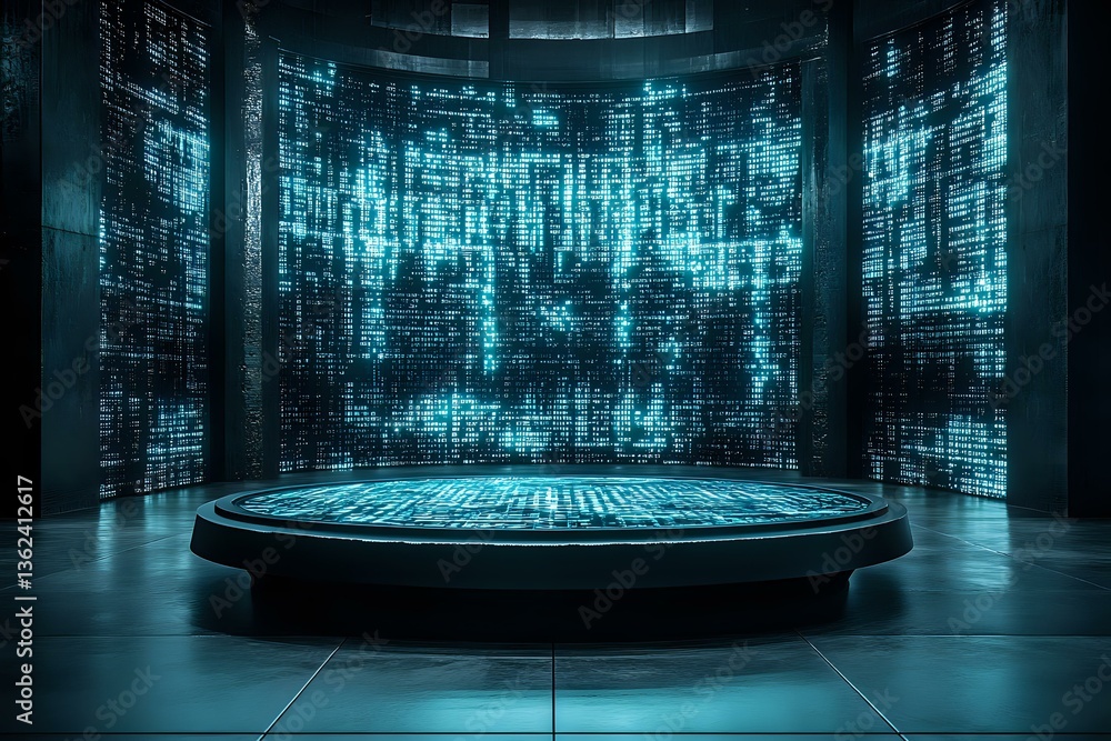 Poster futuristic circular platform surrounded by glowing blue digital matrix code walls creating sci-fi at