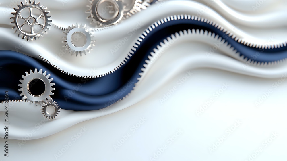 Poster abstract mechanical background with metallic gears and smooth flowing waves in navy blue and silver 