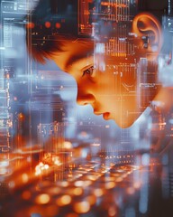 Young Asian woman profile overlaid with digital circuit patterns and glowing orange tech elements against blue background, representing artificial intelligence and digital transformation.
