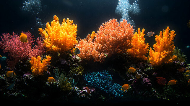 A vivid reef scene showcases a diverse collection of coral and fish in an aquarium Bubbles rise upwards Underwater bea