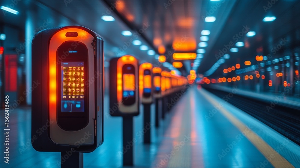 Fototapete automated electronic displays stand at a modern subway station, illuminating the platform with real 
