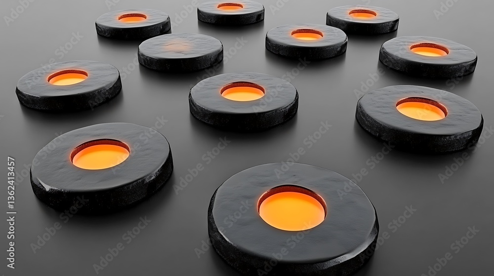 Poster Several dark circular objects with glowing centers appear on a surface