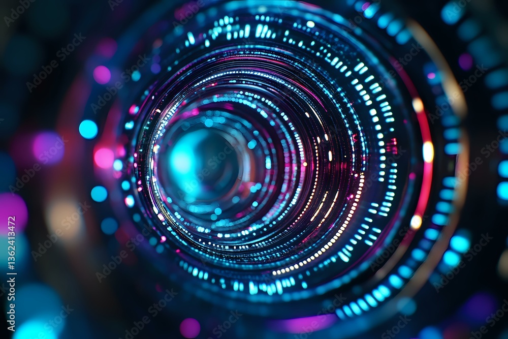 Poster futuristic camera lens with glowing blue and pink circular digital interface elements creating dynam