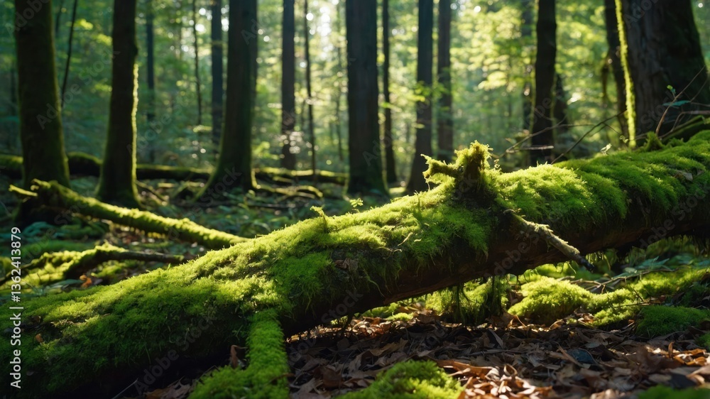 Poster a serene forest scene with a moss-covered log and sunlight filtering through trees.