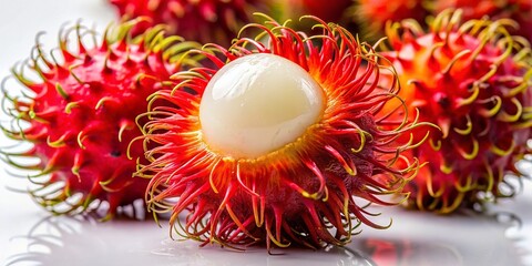 Vibrant Red Rambutan Fruit Close-up on White Background - Night Photography