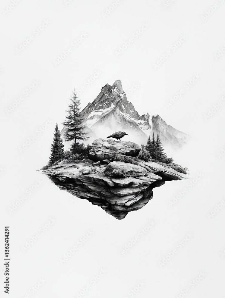 Poster black and white mountain island with castle emerging from steep rock base floating over neutral tone