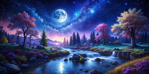 Vintage Watercolor Night Nature Scene: Starry Sky, Moonlit Landscape
