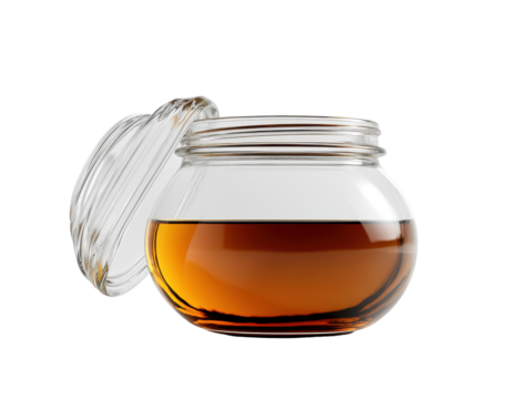 Isolated Glass Jar with Amber Liquid and Open Lid