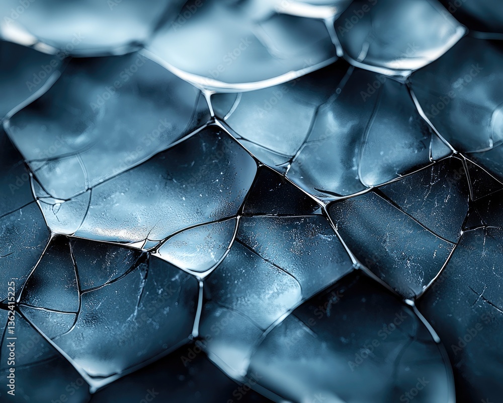 Poster abstract close-up of cracked glass surface with intricate patterns and reflections