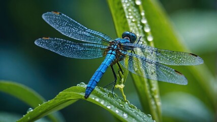 A vibrant blue dragonfly perched on a green leaf with water droplets.