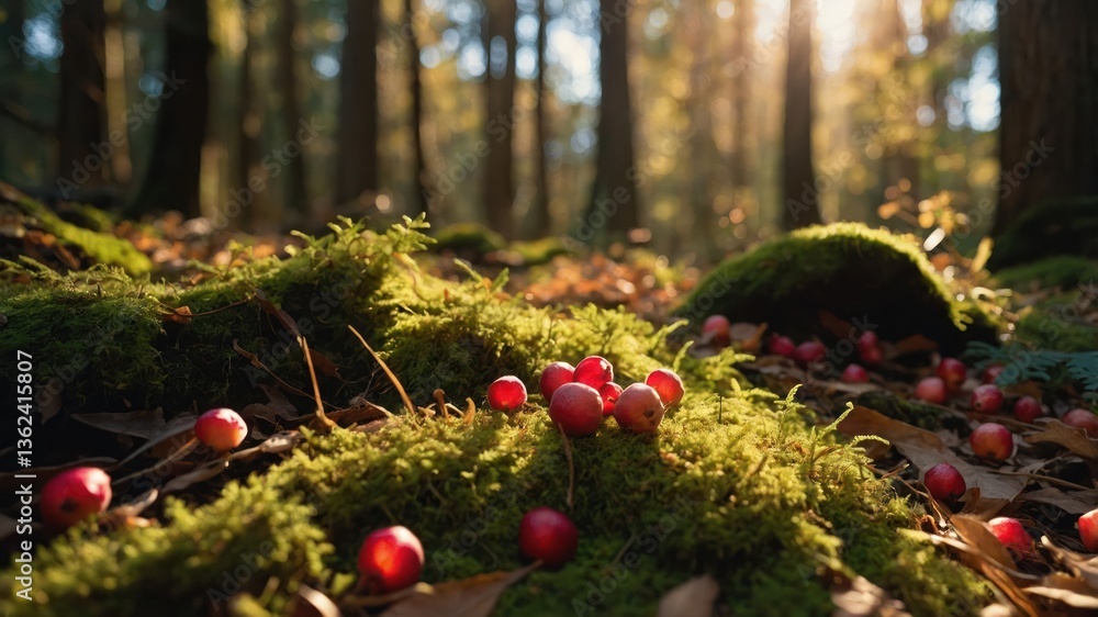 Poster a serene forest scene with moss and red berries illuminated by sunlight.