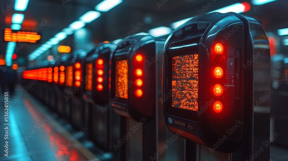 Aufkleber A series of automated checkpoints are operational with glowing red indicators, enhancing security and monitoring in a bustling transportation hub during evening hours.