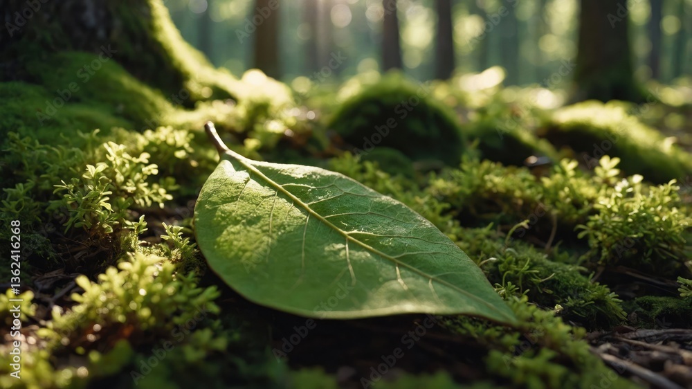 Poster a close-up of a leaf resting on moss in a serene forest setting.