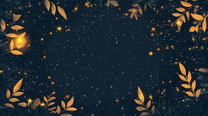 Fototapeta premium Golden leaves frame, starry night sky background, magical design, ideal for greeting cards
