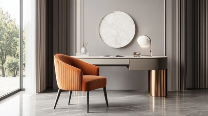 A modern office corner with a comfortable chair, desk, and a soft gray background pic