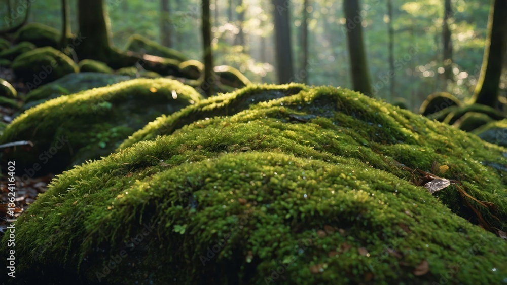 Poster a serene forest scene with moss-covered rocks illuminated by soft sunlight.
