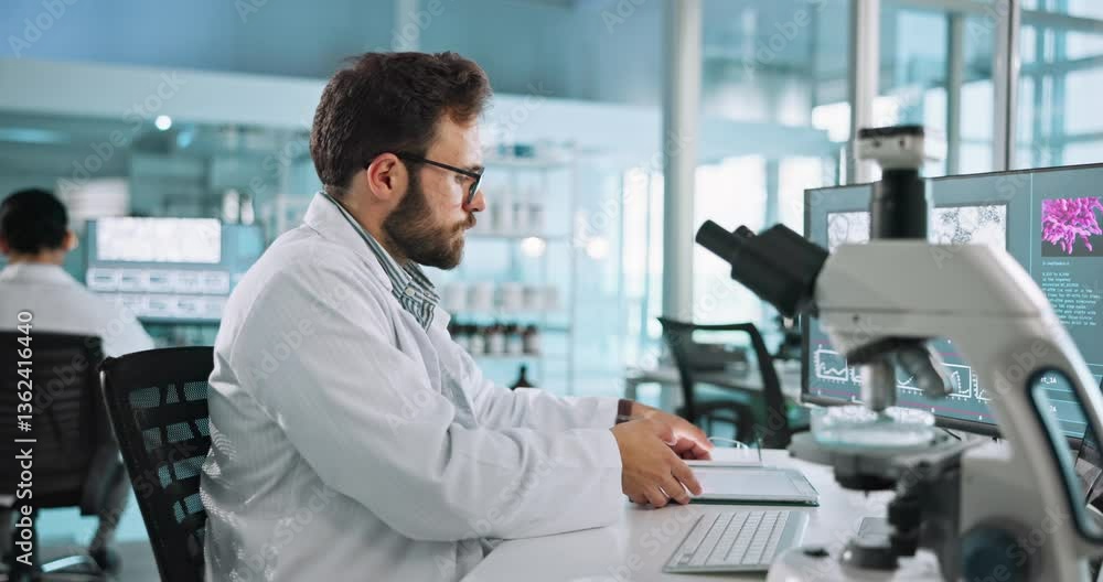 Poster microscope, science and man with tablet in laboratory for dna research, study or project. biotechnol
