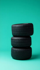 Three stacked black tires on a vibrant turquoise background, showcasing modern automotive design  -