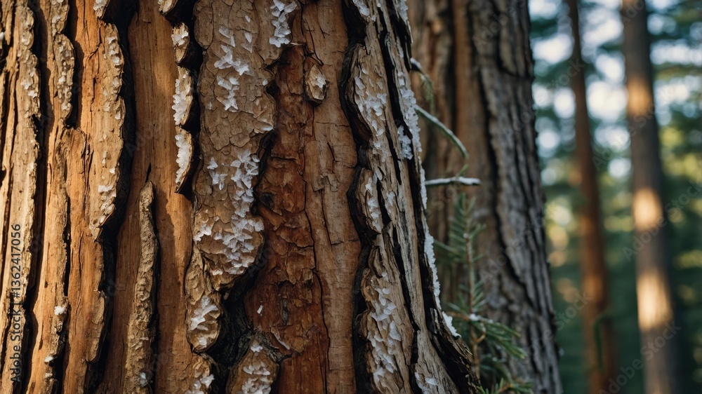 Poster close-up of tree bark showcasing texture and natural patterns in a forest setting.