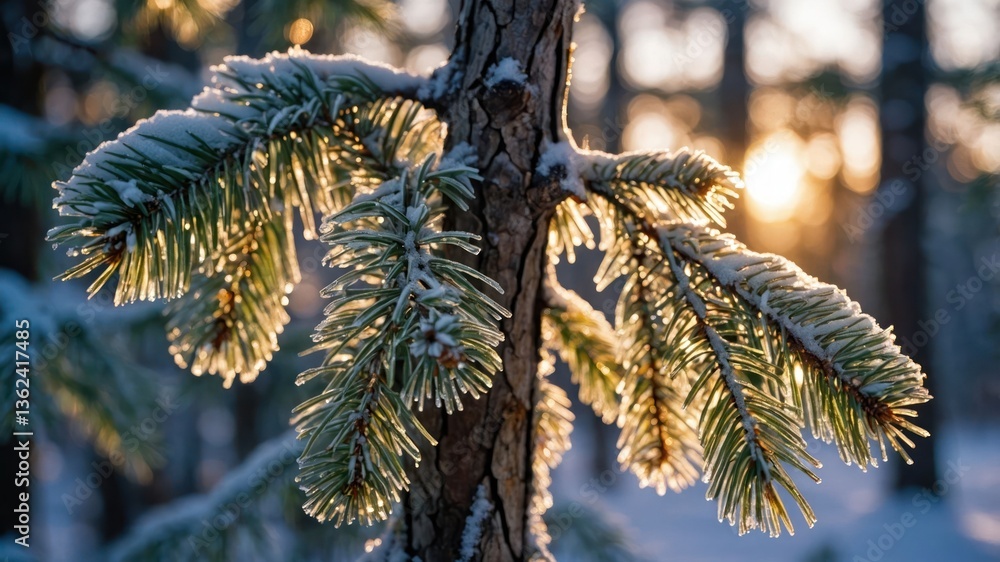 Poster close-up of frost-covered pine branches with sunlight filtering through a snowy forest.