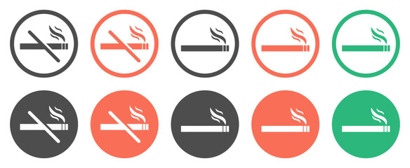 No smoking area and smoking area sign symbol. Smoking area and non-smoking area red, black and green template design. Prohibited signs. Silhouette and outline style. Vector illustration.