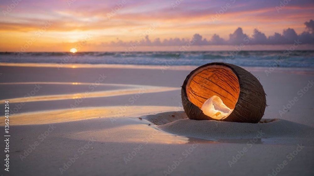 Poster a seashell illuminated inside a coconut shell on a beach at sunset.