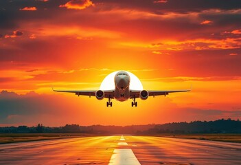 Low angle shot of airplane descending towards runway at sunset, fiery sky backdrop, sky, runway