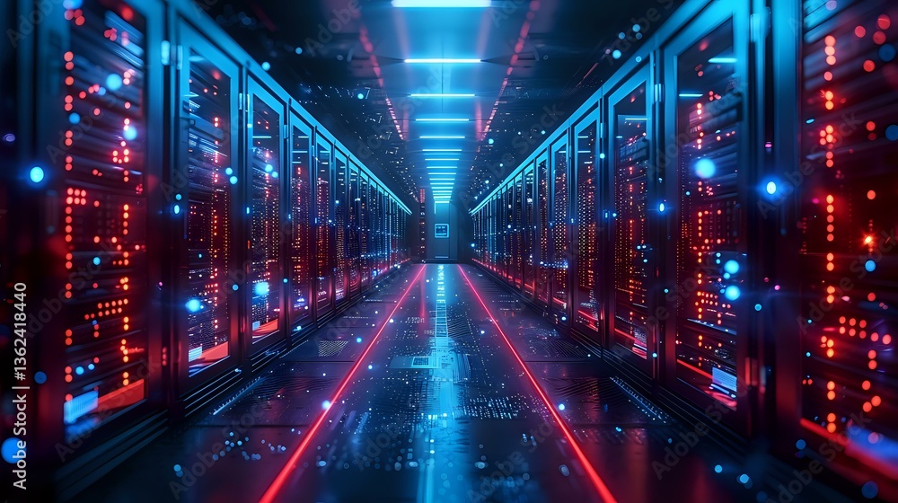 Poster server room corridor with glowing red and blue led lights reflecting on floor. modern data center wi