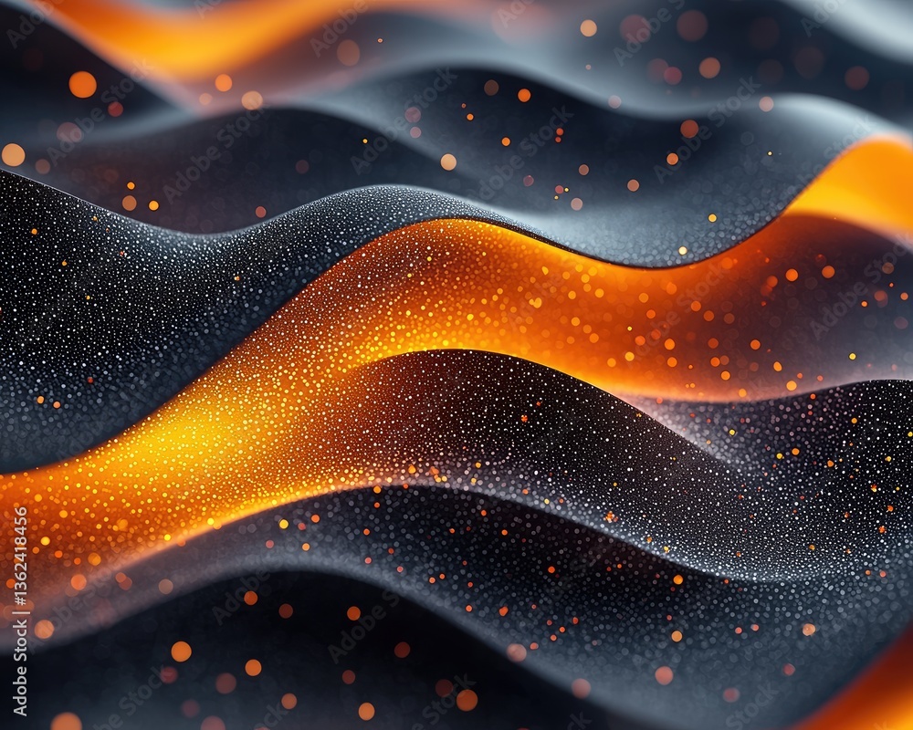 Poster abstract waves of orange and black with shimmering particles creating depth
