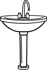 Fototapeta premium Black and white line art of a pedestal sink with faucet and twin handles