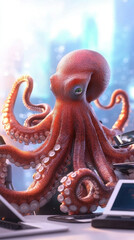 Obraz premium Octopus red technology CEO business modern office enthralls in dynamic synergy, showcasing unstoppable brilliance