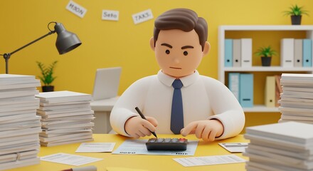 Focused businessman diligently works amidst paperwork in a cheerful yellow office illuminated by soft light.. AI Generated