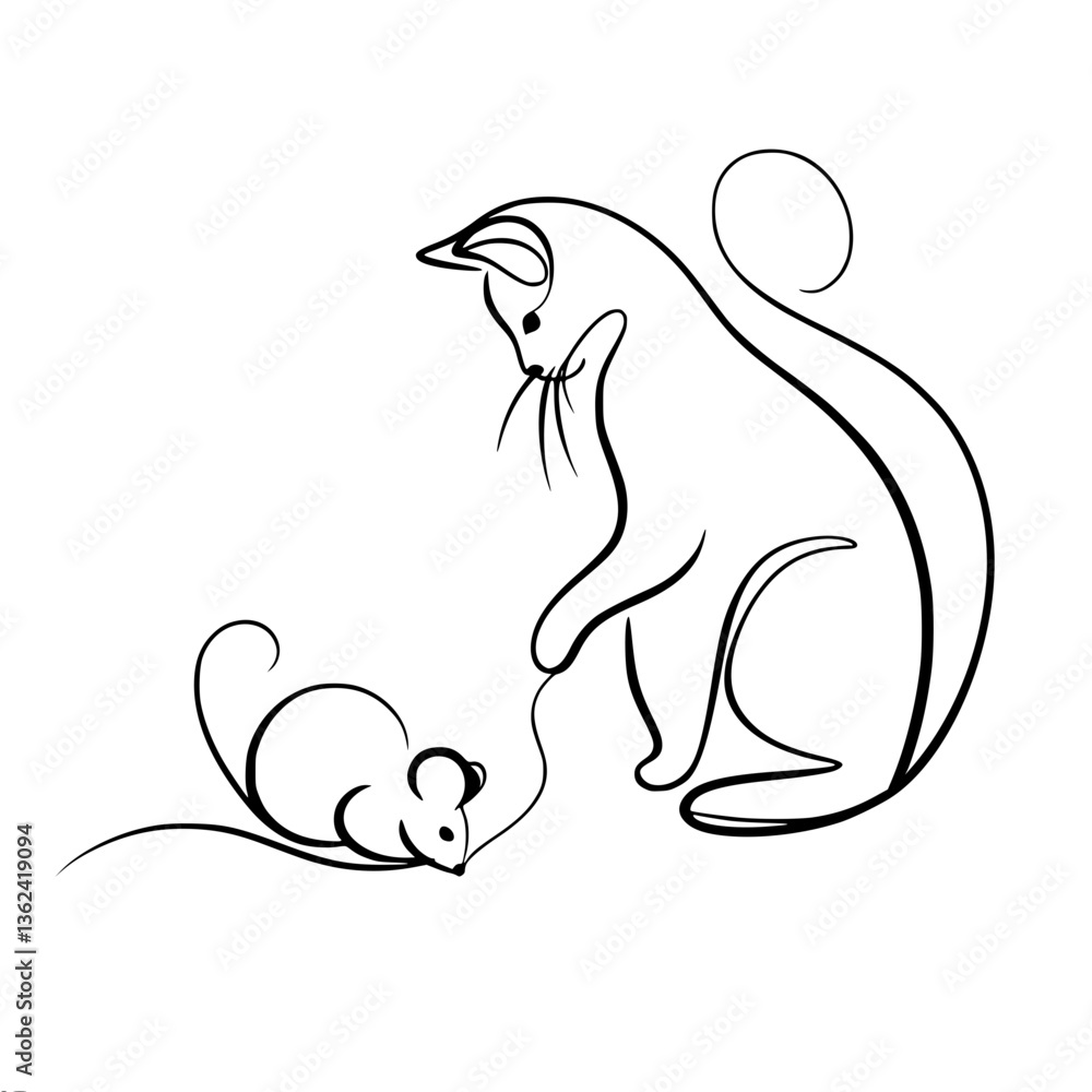 Aufkleber cat and mouse interacting in a minimal line art style , single line vector drawing
