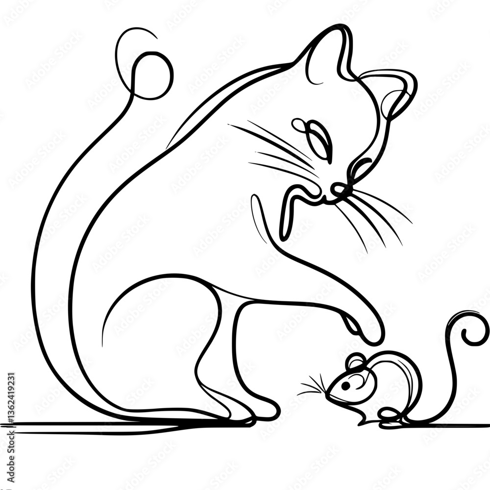 Poster cat and mouse playfully interacting in a minimalistic line drawing