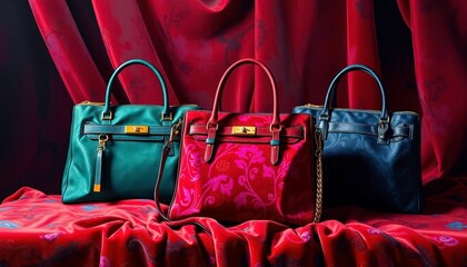 Luxurious handbags displayed on velvet, rich oil painting texture, luxury, accessories