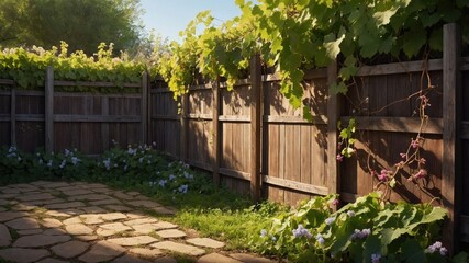 A serene garden scene with a stone path, wooden fence, and lush greenery.